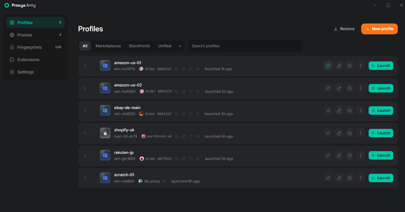 The profile list: each profile with its device, its proxy exit and when it last ran