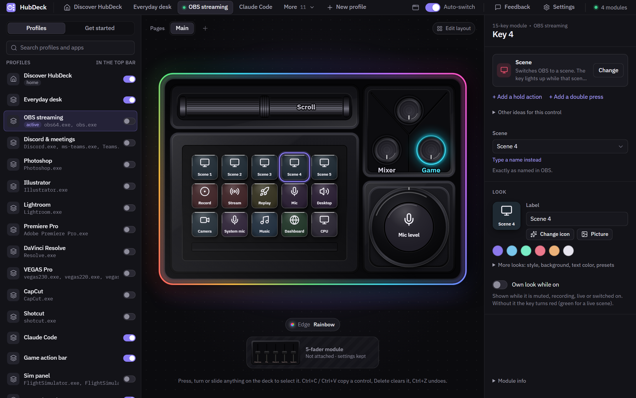 HubDeck: the deck drawn live with its LED colors, a key selected and what it does on the right