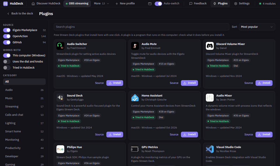 The Plugins tab: about 300 plugins, a search and the "Tried in HubDeck" filter