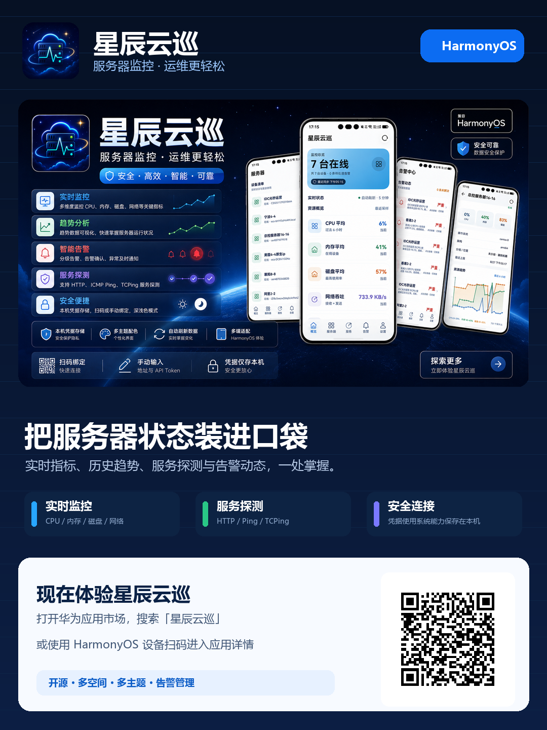 星辰云巡 HarmonyOS 服务器监控客户端宣传海报