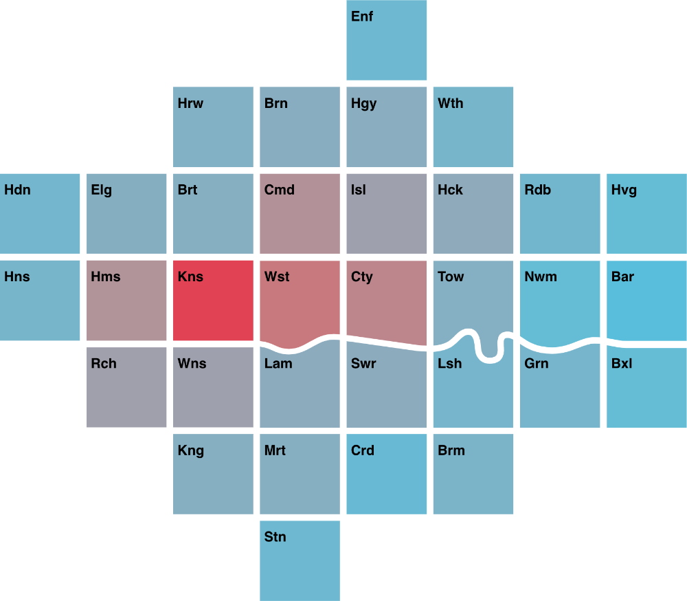 a simple and colourful cartogram of London