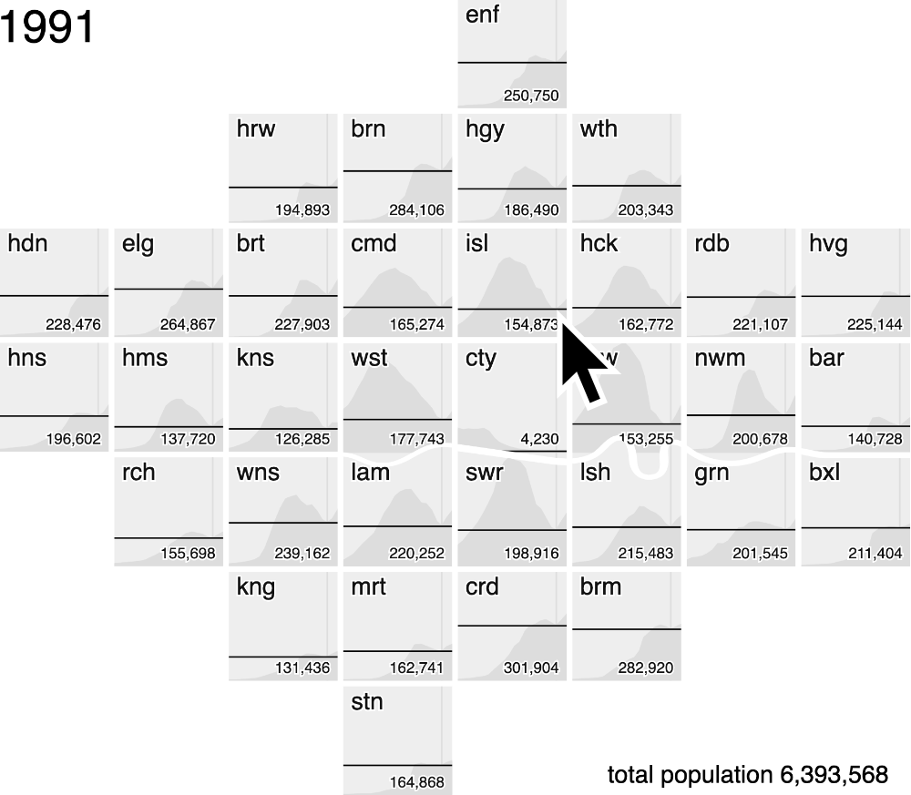 a london squared cartogram with an image of a mouse pointer