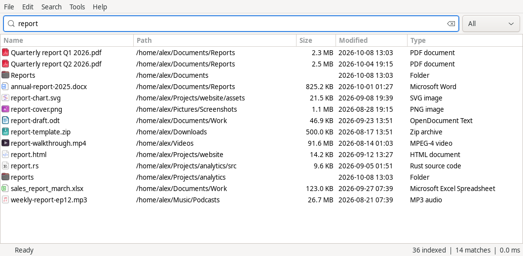 File Minnow searching a home folder for "report": results with name, path, size, date and type