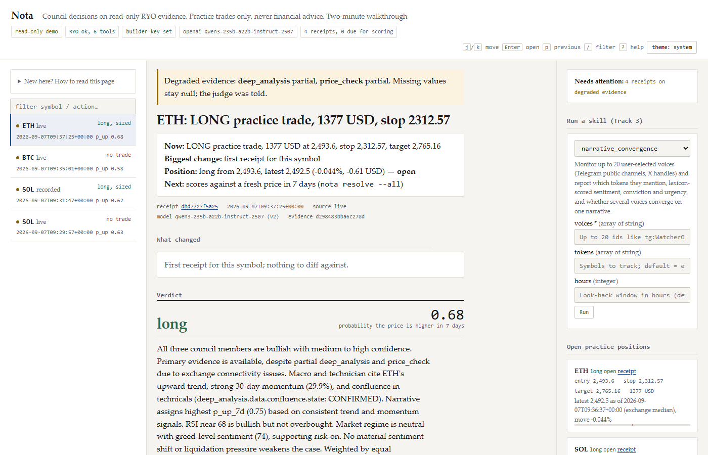 Dashboard: thirty-second summary, what changed ranked by impact, open positions, skills panel
