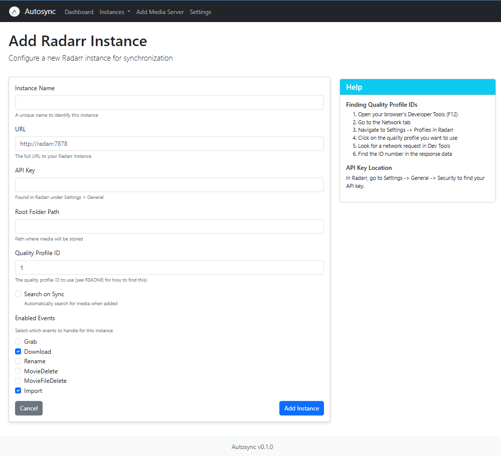 Radarr Instance Configuration