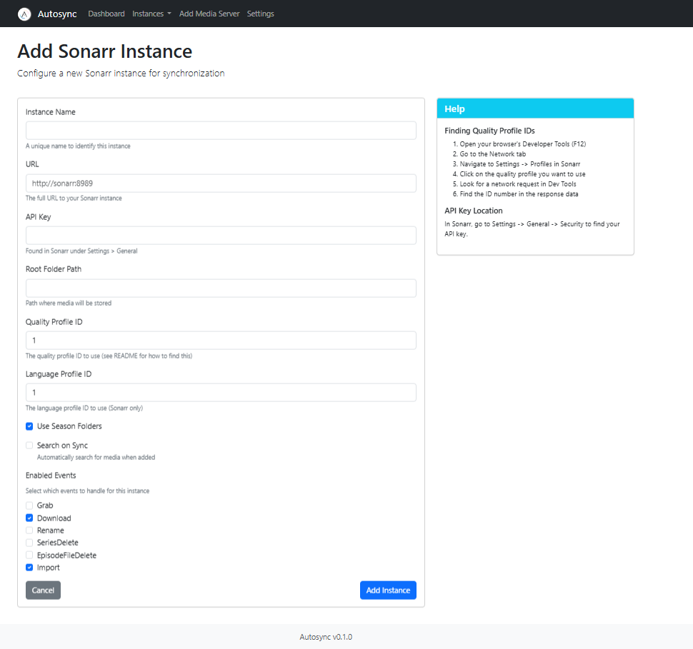 Sonarr Instance Configuration