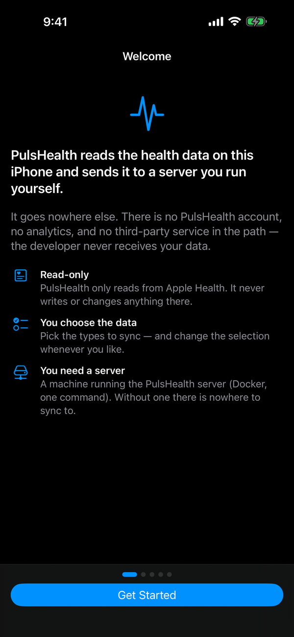 First-run welcome screen: the app reads Apple Health and sends it to a server you run