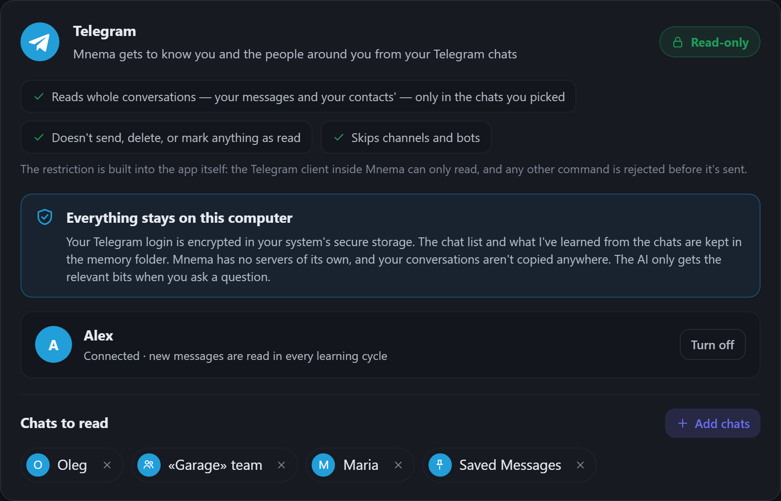 Telegram: read only, the chats you picked, everything stays on the computer