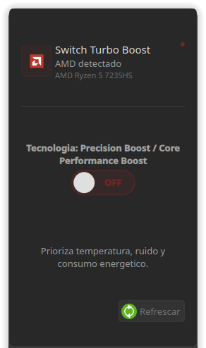Switch Turbo Boost Plasmoid mostrando el estado de Turbo Boost y el botón Refrescar desde el panel de KDE Plasma