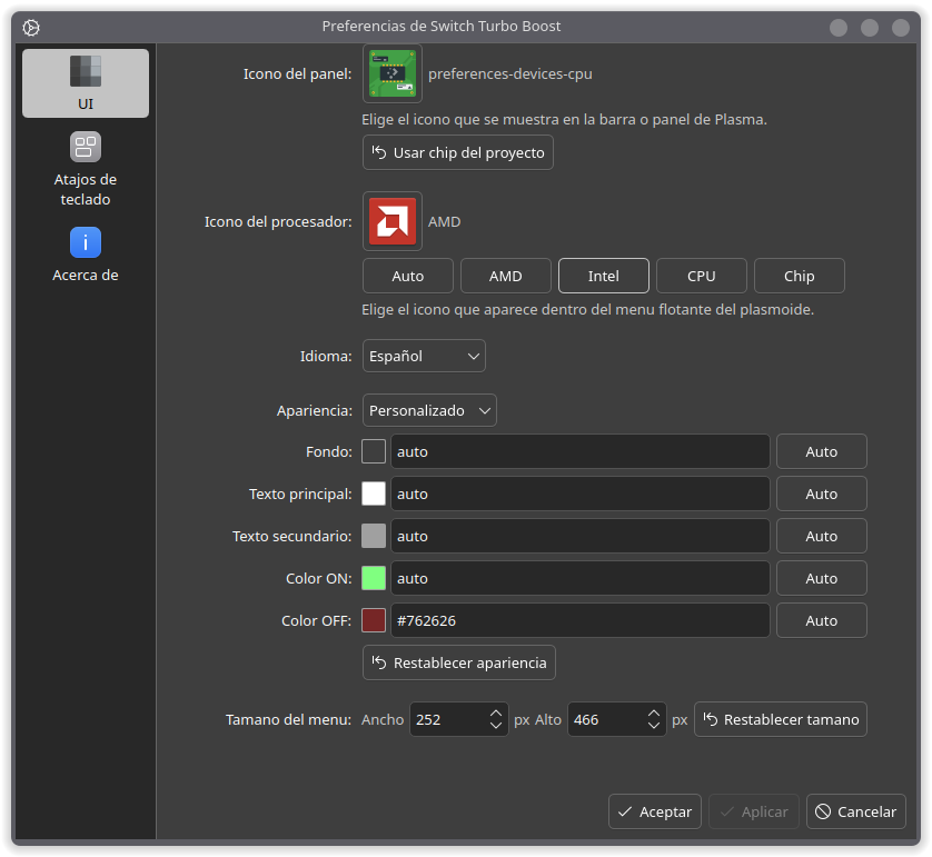 Preferencias de Switch Turbo Boost Plasmoid en KDE Plasma
