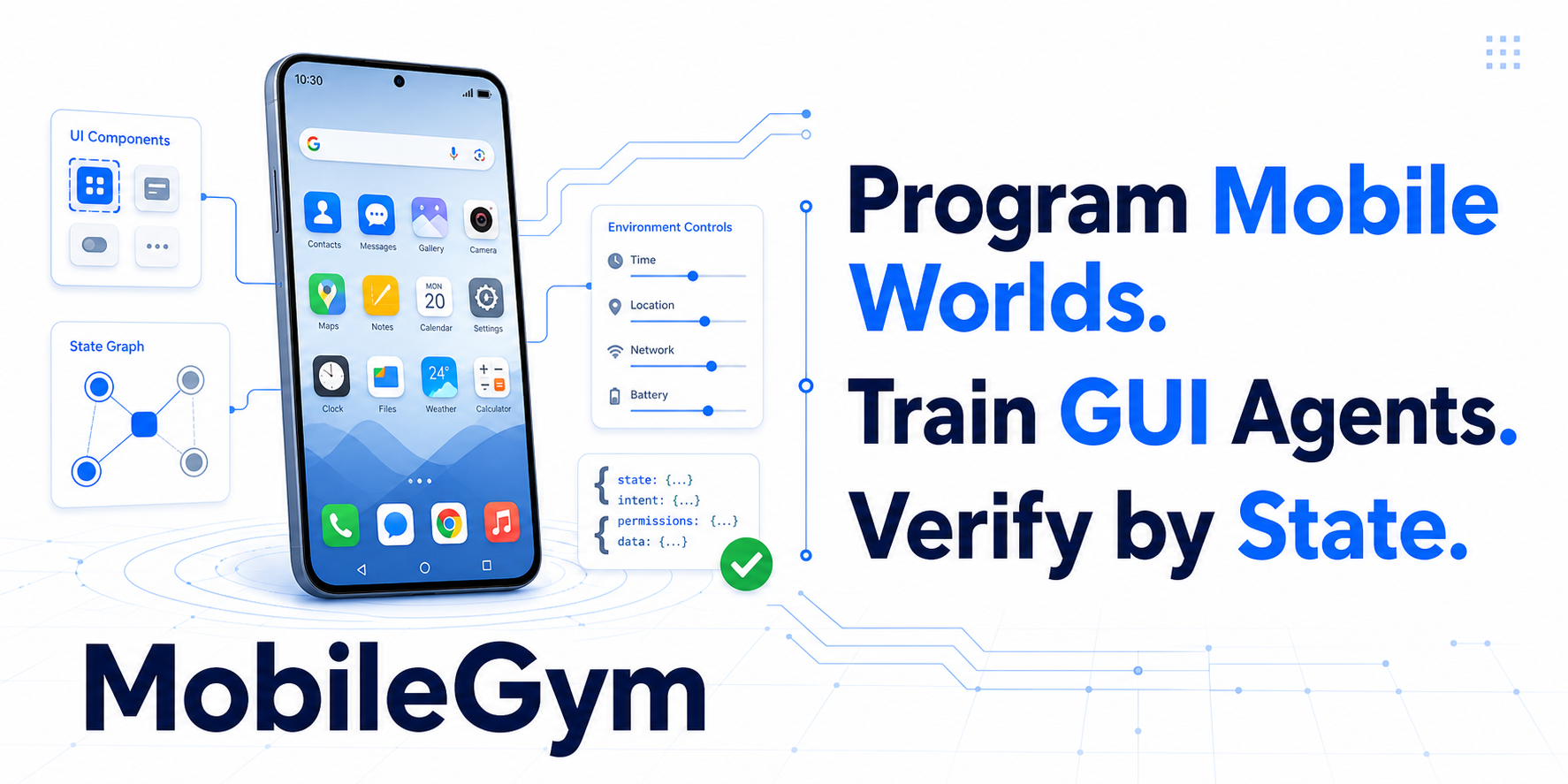MobileGym — Program Mobile Worlds. Train GUI Agents. Verify by State. A verifiable and highly parallel simulation platform for mobile GUI agent research.