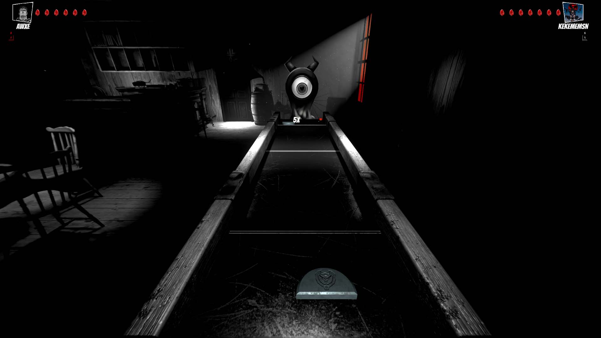 An online Puck'n Hell match with two Steam players facing off across an air hockey table