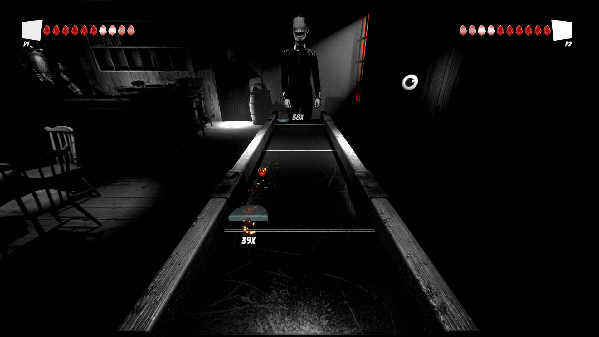 A high-multiplier air hockey rally against a grinning opponent in Puck'n Hell