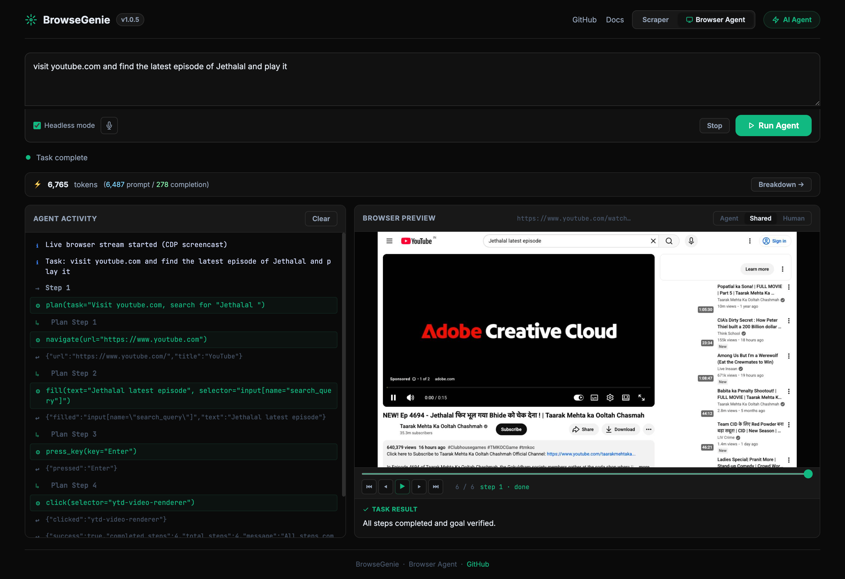 BrowseGenie Web UI - Browser Agent
