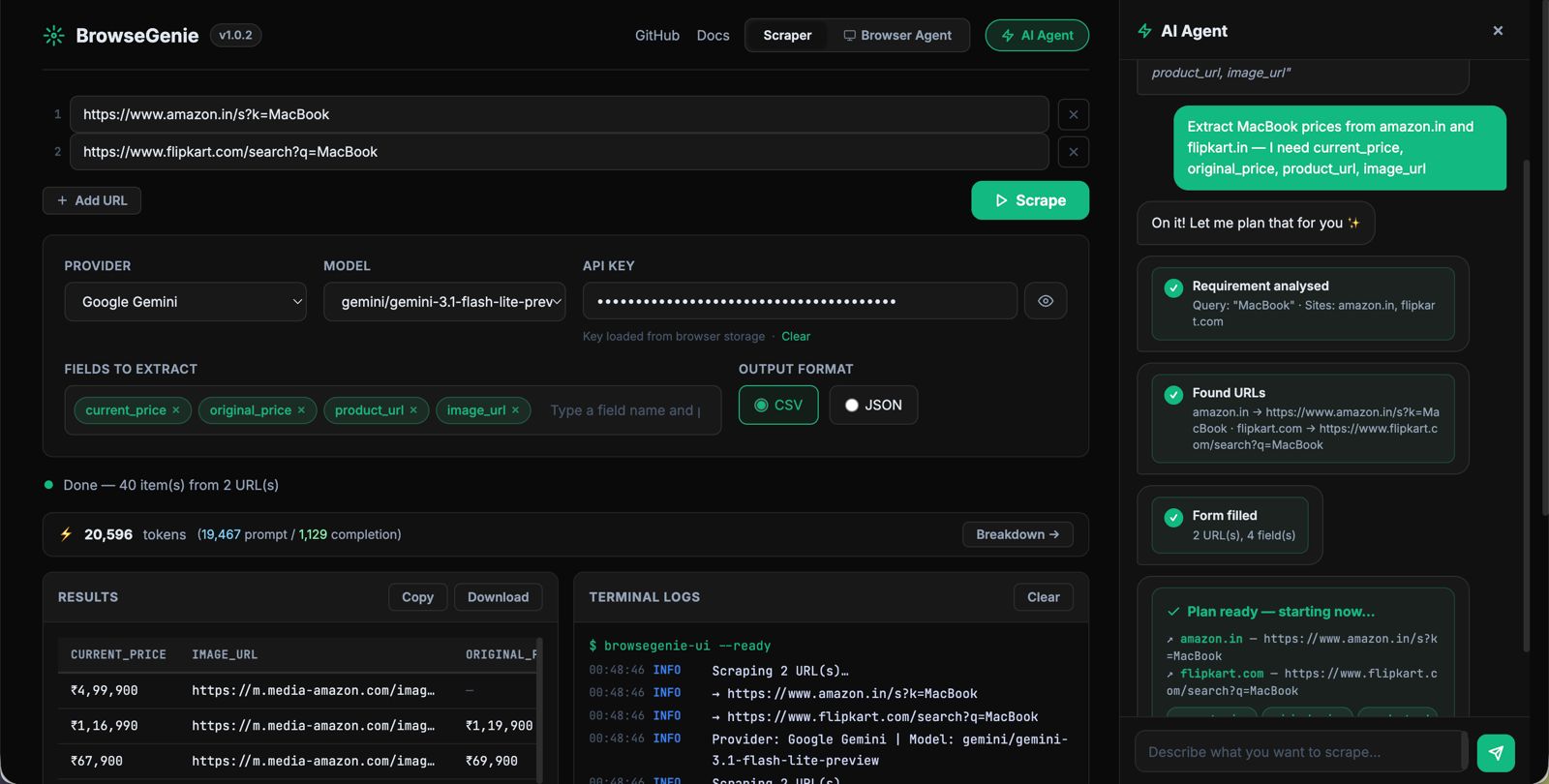 BrowseGenie Web UI - Scraper Agent