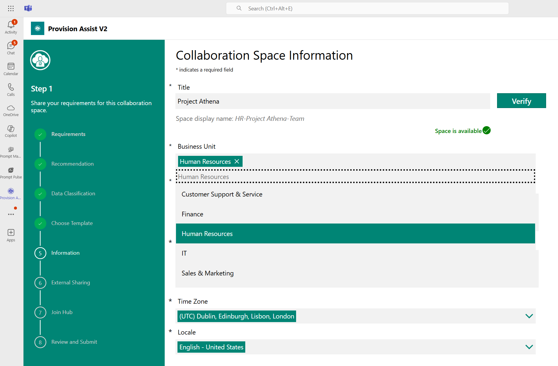 Business units drop down screenshot