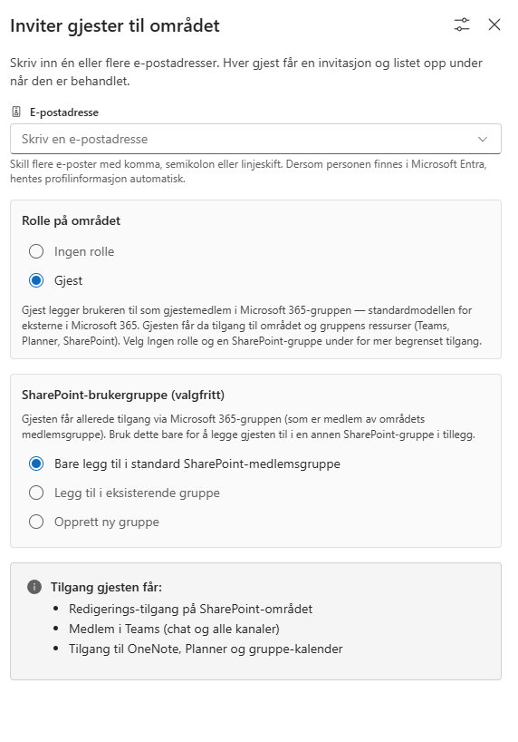 Invitasjons-drawer med rollen Gjest valgt og standard SharePoint-medlemsgruppe