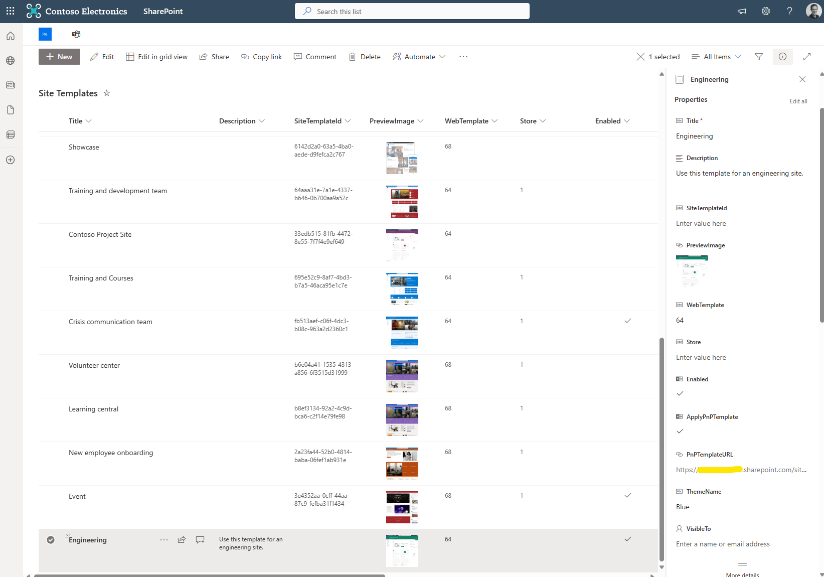 Linking PnP template to a site template screenshot