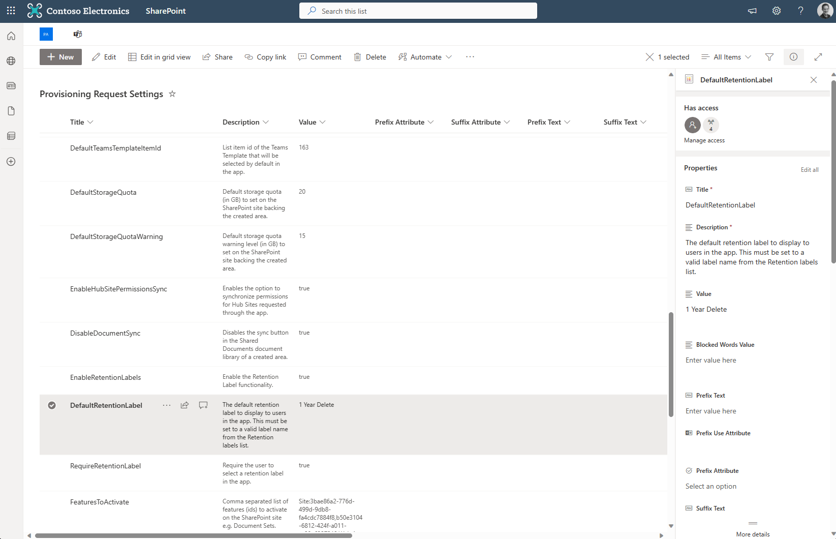 Retention label configuration in settings list screenshot
