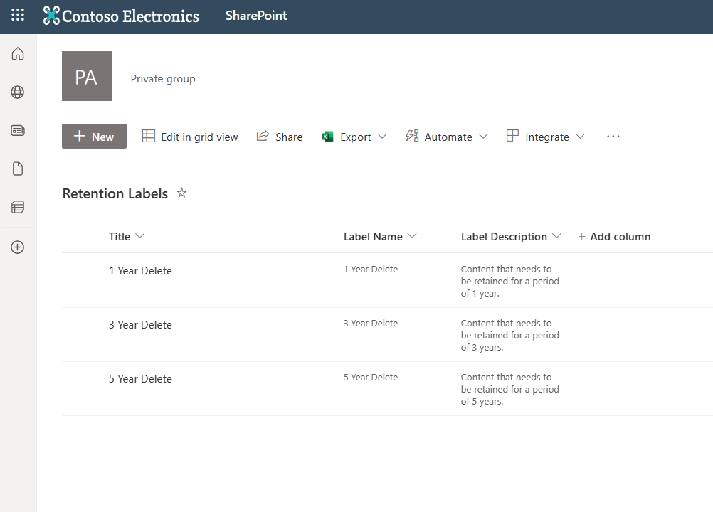 Retention labels list screenshot