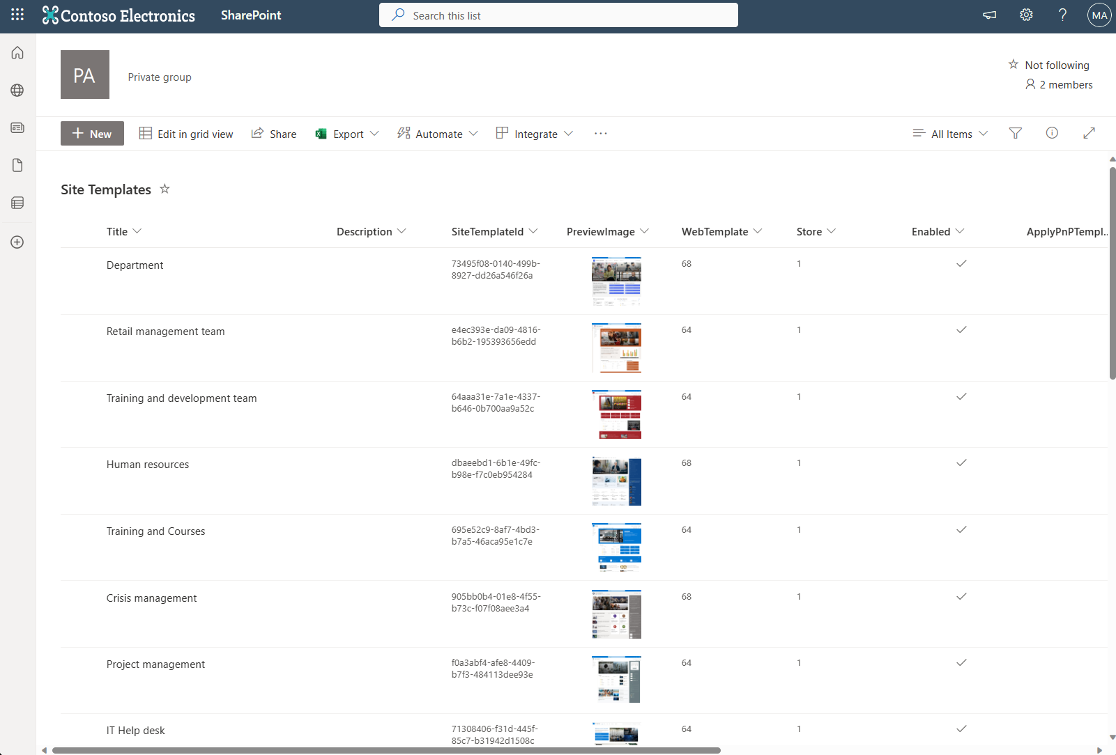 Site templates list screenshot