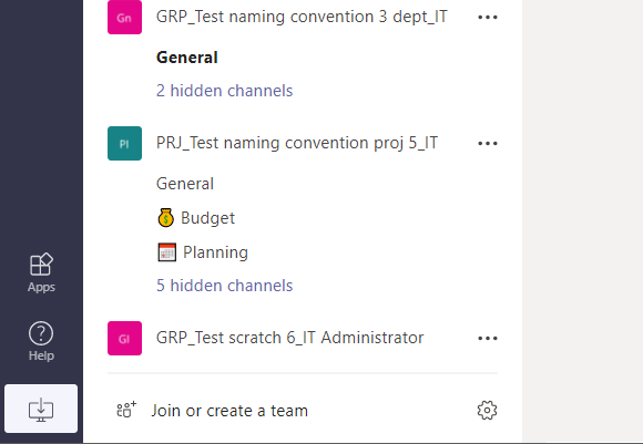 Teams naming convention screenshot