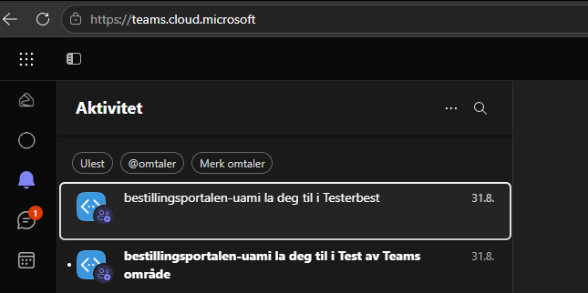 UAMI-navnet i Teams-aktivitetsfeeden