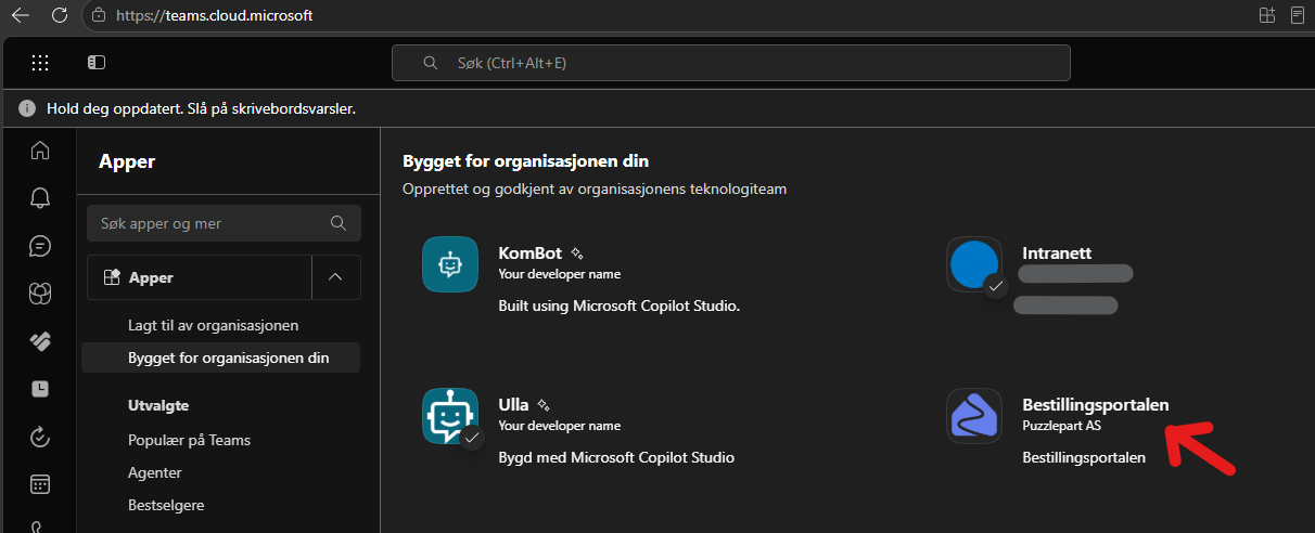 Bestillingsportalen under Bygget for organisasjonen din i Teams