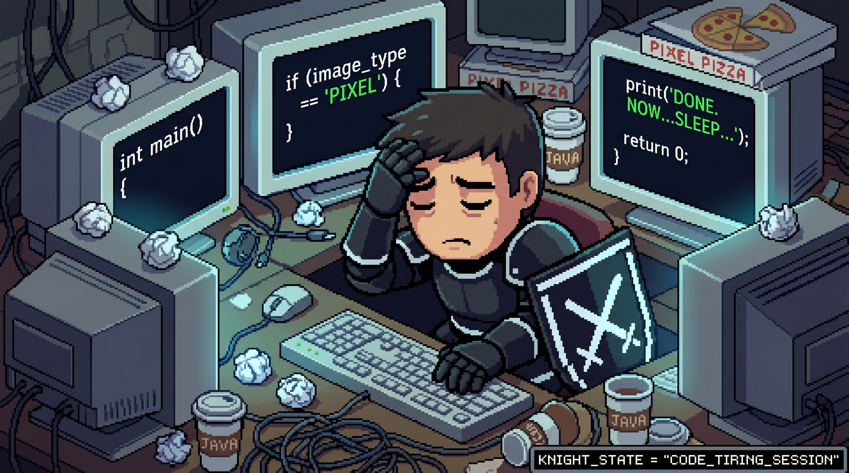 A knight at a desk surrounded by four monitors and crumpled paper, mid-burnout