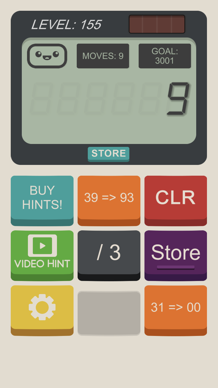 initiial value: 9; goal: 3001, moves: 9; buttons: 39 => 93, /3, Store, 31 => 00