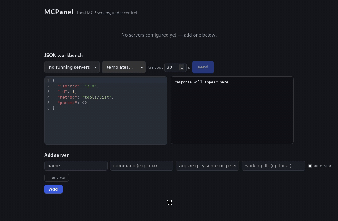 MCPanel demo: add a server, toggle it on, watch logs stream, fire tools/list from the workbench