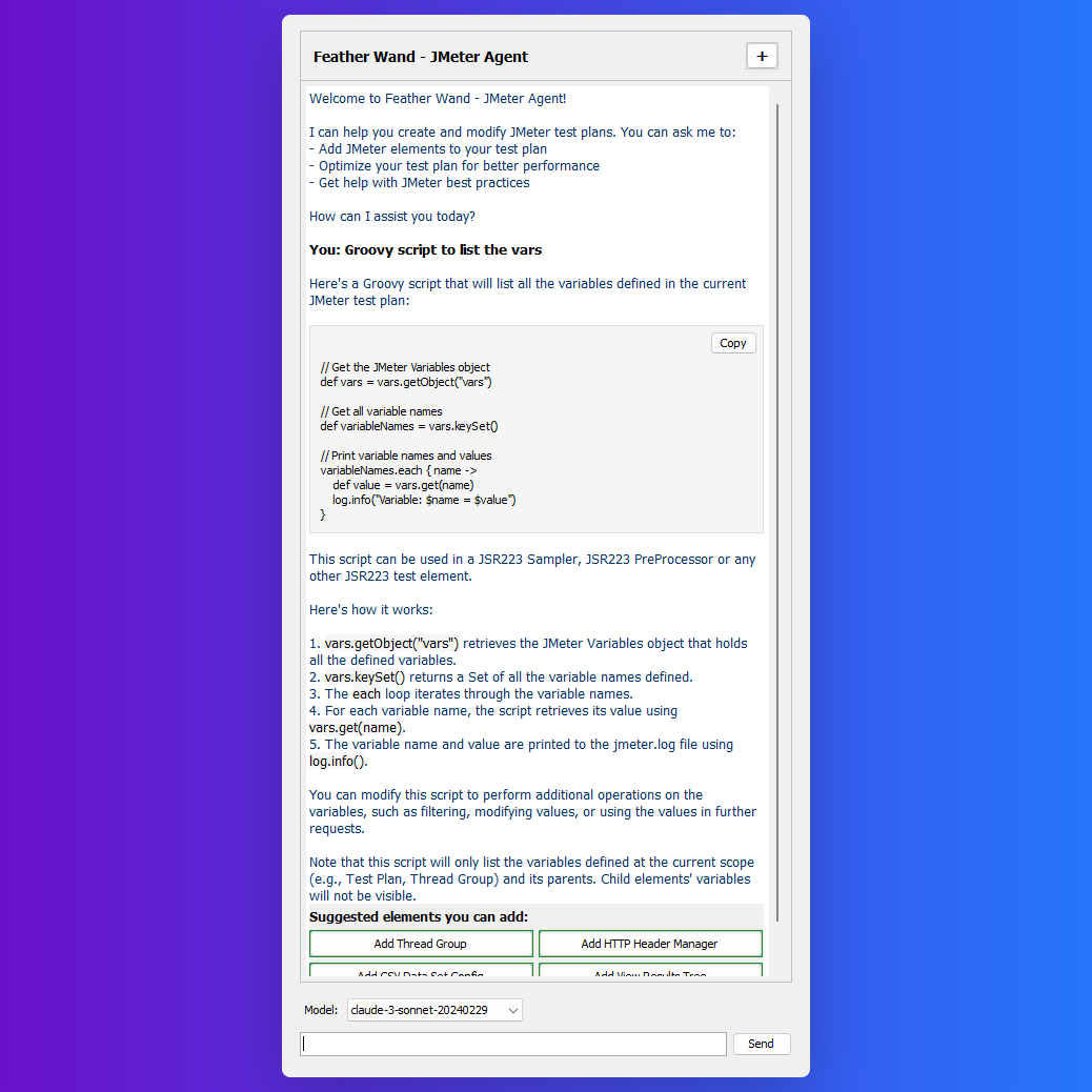 Feather Wand - JMeter AI Agent UI Screenshot