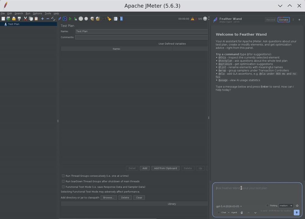 Feather Wand Agent Mode building a JMeter load test from one prompt