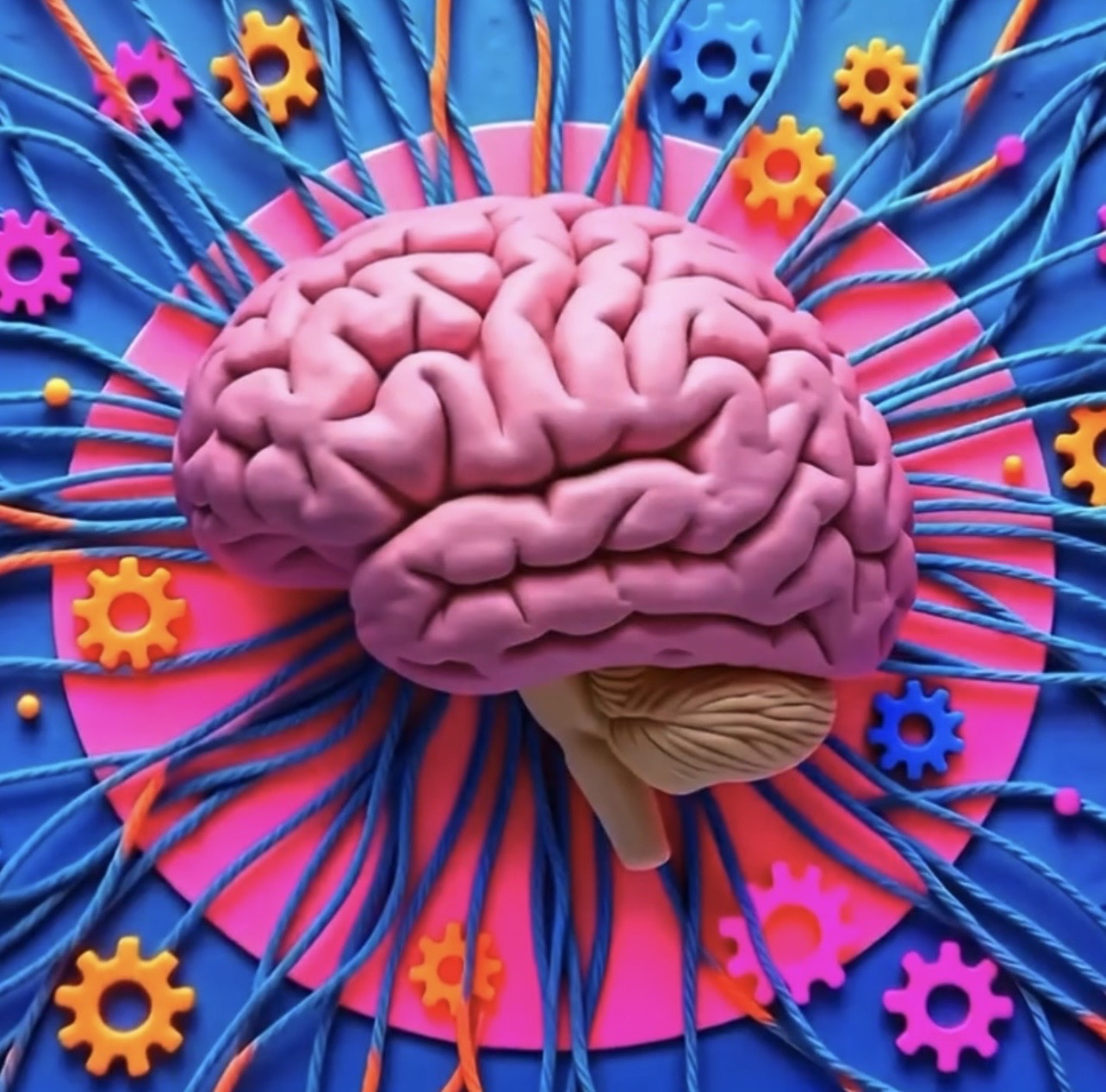 Brain surrounded by neural cables and gears