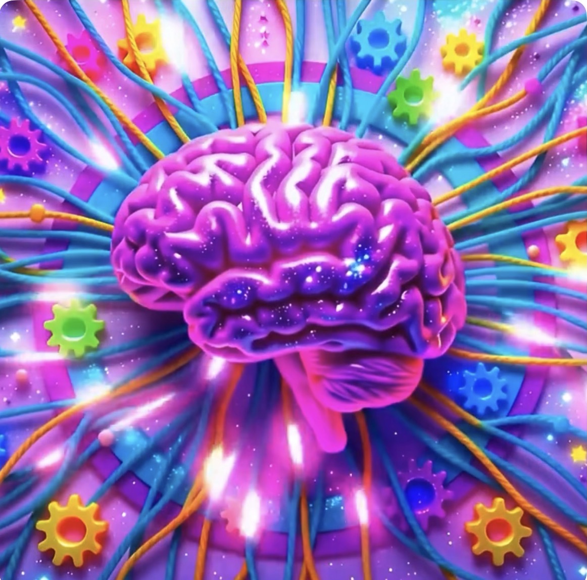Illuminated pink brain with colorful neural connections