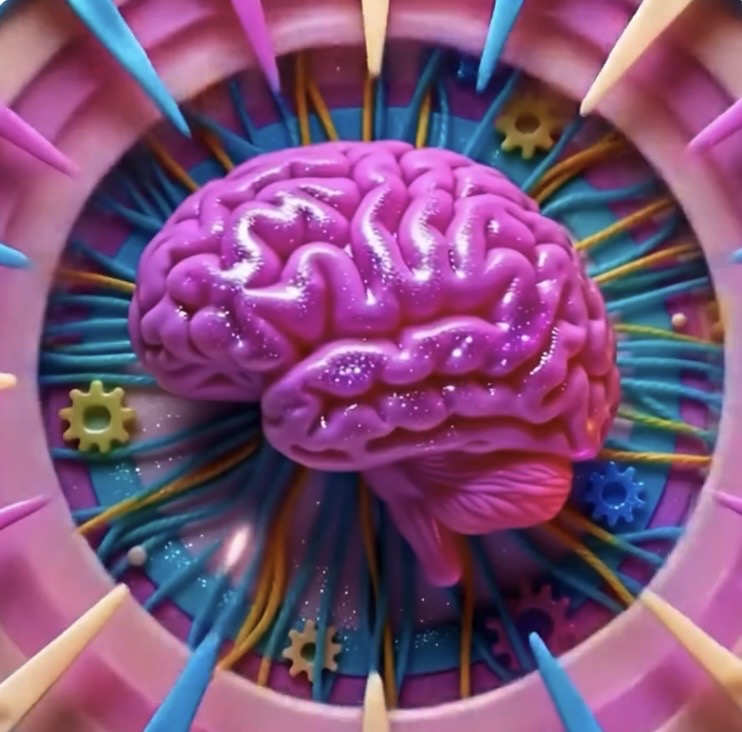 Pink brain within a colorful neural vortex