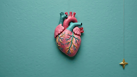 Opening of the Quantara film, a sculpted heart on a teal wall as an EKG trace draws itself across and the wordmark resolves