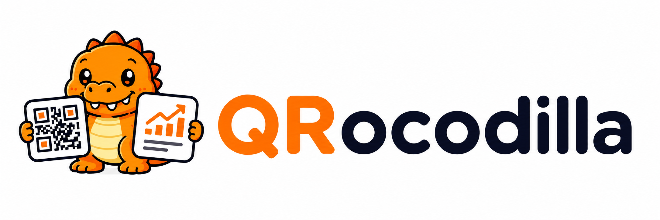 QRocodilla — an orange cartoon crocodile holding a QR code and an analytics chart