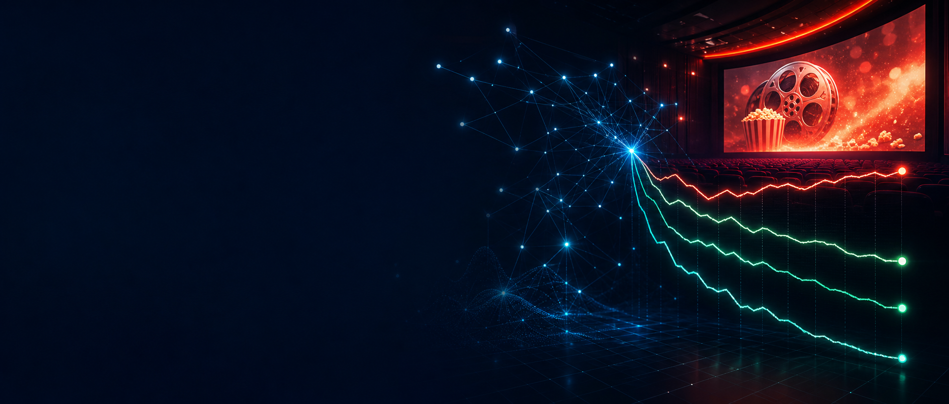 A visual effect themed around cinema. The right side shows a movie theater projection room with film reels and popcorn on screen, evoking a cinematic atmosphere. Lines extend left from the projection room, ending in blue light points forming a network structure, symbolizing connections between films, audiences, and the market. The overall tone is dark with blue and red accents, highlighting the brightness of the theater and screen elements, aligning with the context of box office performance.
