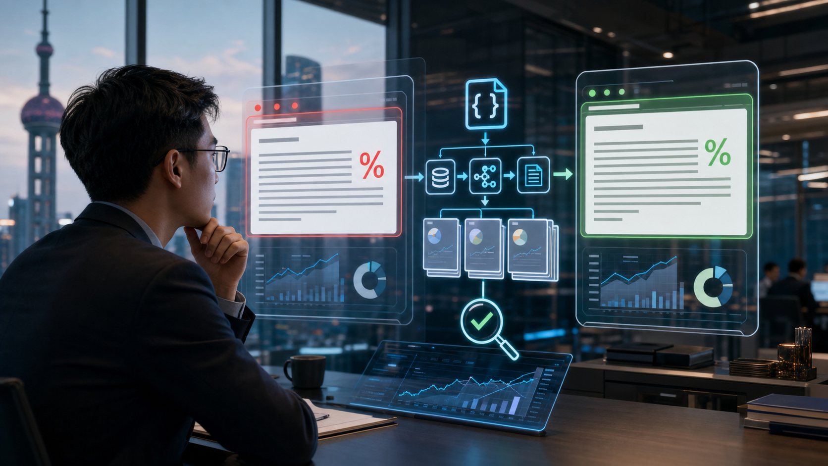 The image shows a fintech work scene: a formally dressed man looks at virtual screens displaying a financial data processing flow. The left screen shows original percentage data, while the same type of percentage on the right screen changes after passing through an intermediate process. The scene reflects the financial AI data error described in the article and visually presents the risk of distortion during financial tool output.