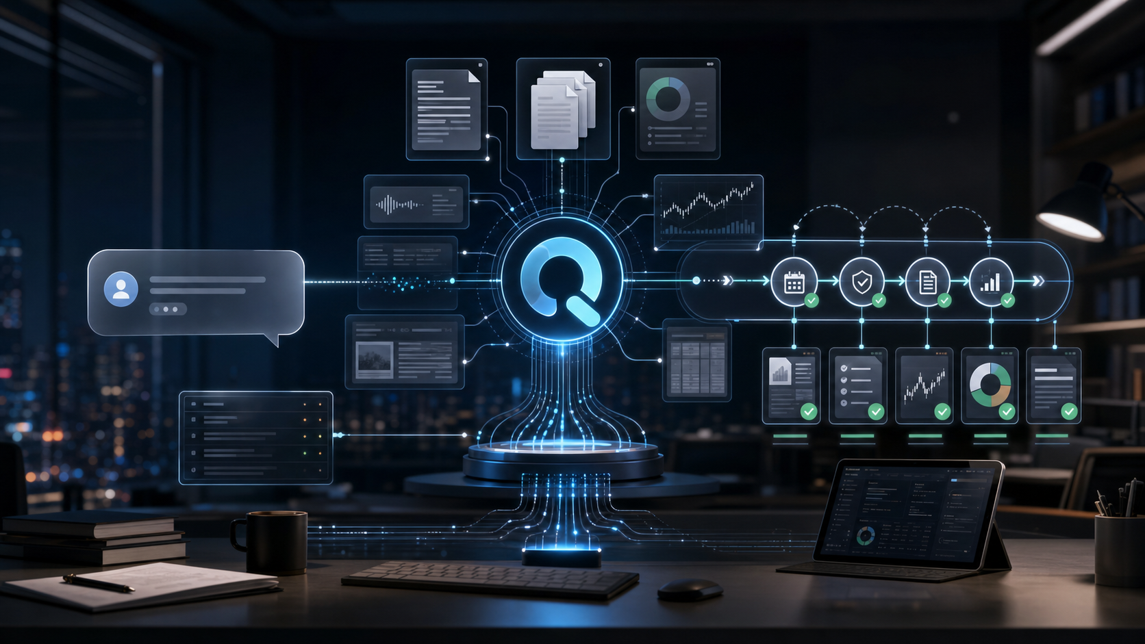 Image showing an intelligent office scene, with a desk, laptop, keyboard, mouse, and other work equipment. A person icon and dialogue bubble appear on the left, while multiple screens on the right show charts and data. A glowing blue Q-shaped icon sits at the center, surrounded by displays showing documents, charts, and data. The image closely matches the article's context, illustrating the full investment research Agent workflow from data acquisition to analysis and result presentation.