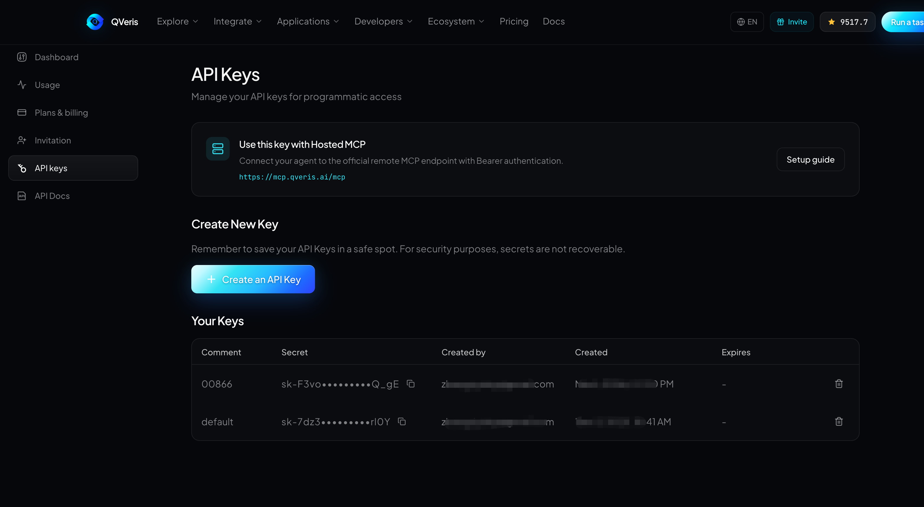 The QVeris API Keys page, where you create the key used to connect WorkBuddy. It includes a "Use this key with Hosted MCP" section providing the API endpoint for the official remote MCP server and a "Setup guide" entry, a "Create an API key" button, and two existing key records showing identifier, creator, creation time, and expiration time, along with a reminder to save keys because they cannot be recovered.