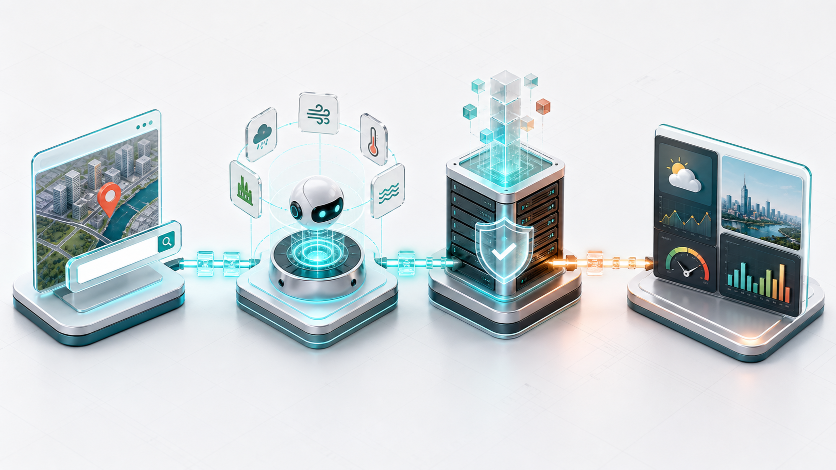 图片展示了Codex Sites与QVeris配合的系统架构。左侧是带有地图和定位标识的手机,中间是一个机器人,周围有天气、地图、图表等图标,右侧是服务器,服务器上有盾牌和对勾标识,最右侧是带有天气图表的手机。该图与上下文紧密相关,直观呈现了选定工具后,服务端携带search_id执行工具,将不同来源数据整理成统一数据模型,浏览器接收天气数据和脱敏调用摘要,不接触QVERIS_API_KEY,也看不到Authorization Header的链路过程。