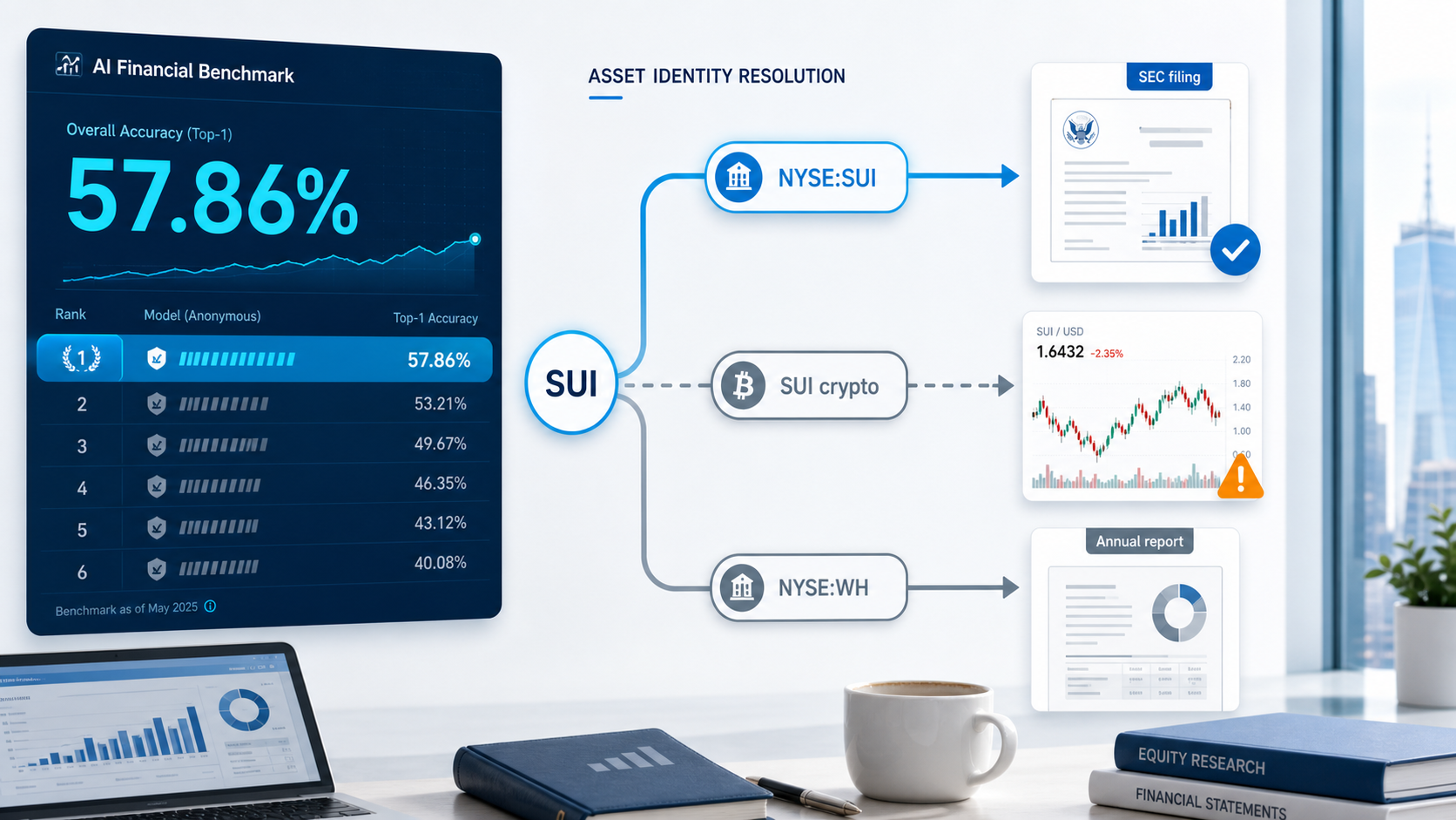 图片展示了金融Agent资产身份识别链路。左侧显示AI Financial Benchmark整体准确率为57.86%,模型排名为1。中间是资产身份识别流程,SUI可指向NYSE:SUI、SUI crypto、NYSE:WH等资产。右侧分别呈现SEC filing、5/1/USD、Annual report等内容,配有图表和文字说明。该图与上下文紧密相关,直观呈现了金融Agent在推理前需锁定资产身份、市场边界、工具选择和字段口径的工作流程。