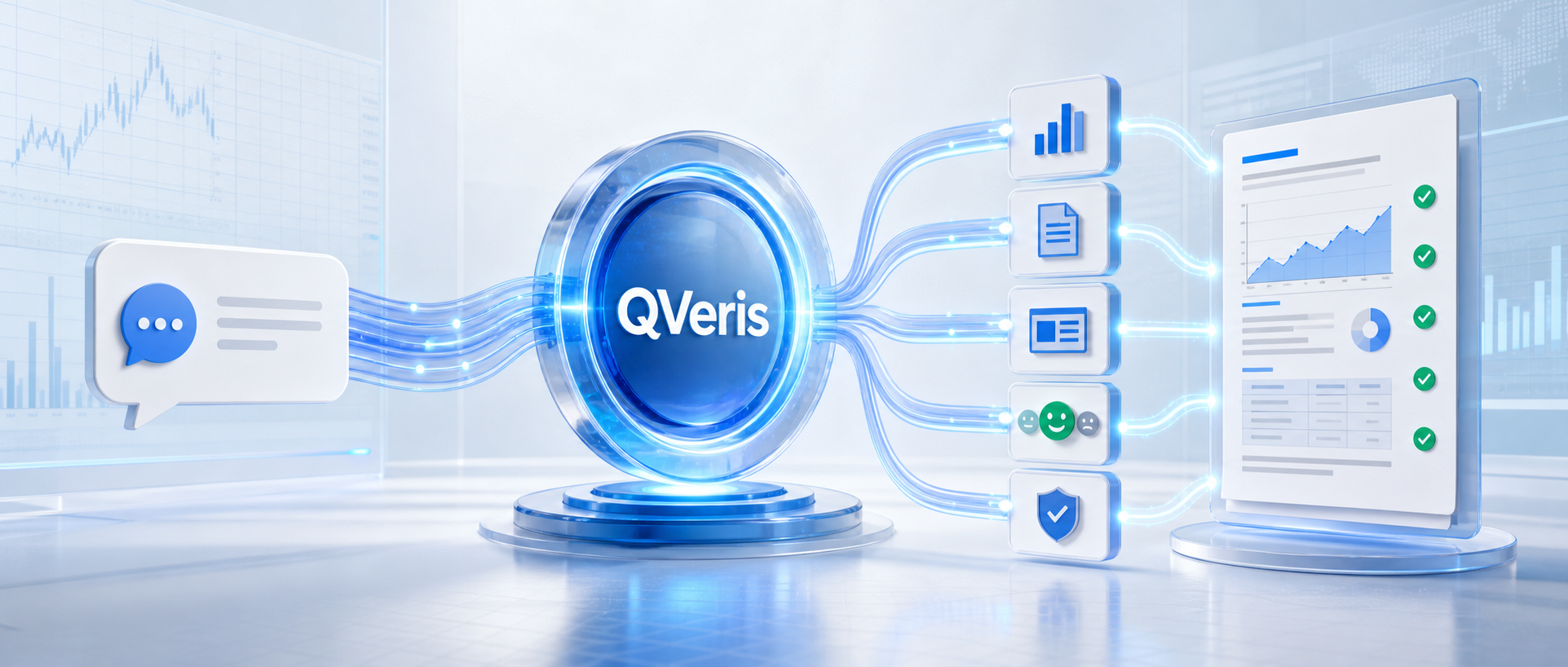 图片展示了QVeris平台的运作场景。中心为带有“QVeris”标识的蓝色圆环,周围有蓝色光带连接多个图标,包括图表、文档、表格、笑脸、对话框及勾选标志。左侧有对话框图标,右侧是带有图表和文字信息的展示屏。背景为蓝色渐变,配有图表和数据元素。该图与上下文关系紧密,直观呈现了金融Skill接入QVeris后,通过平台连接真实能力并生成可审计结果的场景。