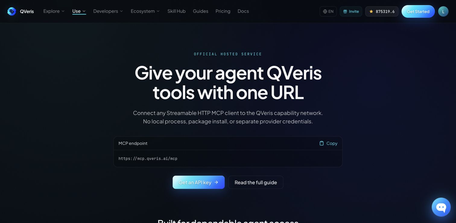 图片展示的是QVeris的官网页面,标题为“Give your agent QVeris tools with one URL”,强调通过一个URL即可为Agent提供QVeris工具。页面上方有“Explore”“Use”“Developers”等导航栏,右上角显示“EN”“Invite”“875319 - 6”及“Get Started”按钮。中间部分有MCP endpoint的输入框,下方有“Get an API key”和“Read the full guide”按钮。该图片与上下文介绍QVeris的工具模型相关,直观呈现了其提供的服务及获取API key的入口。