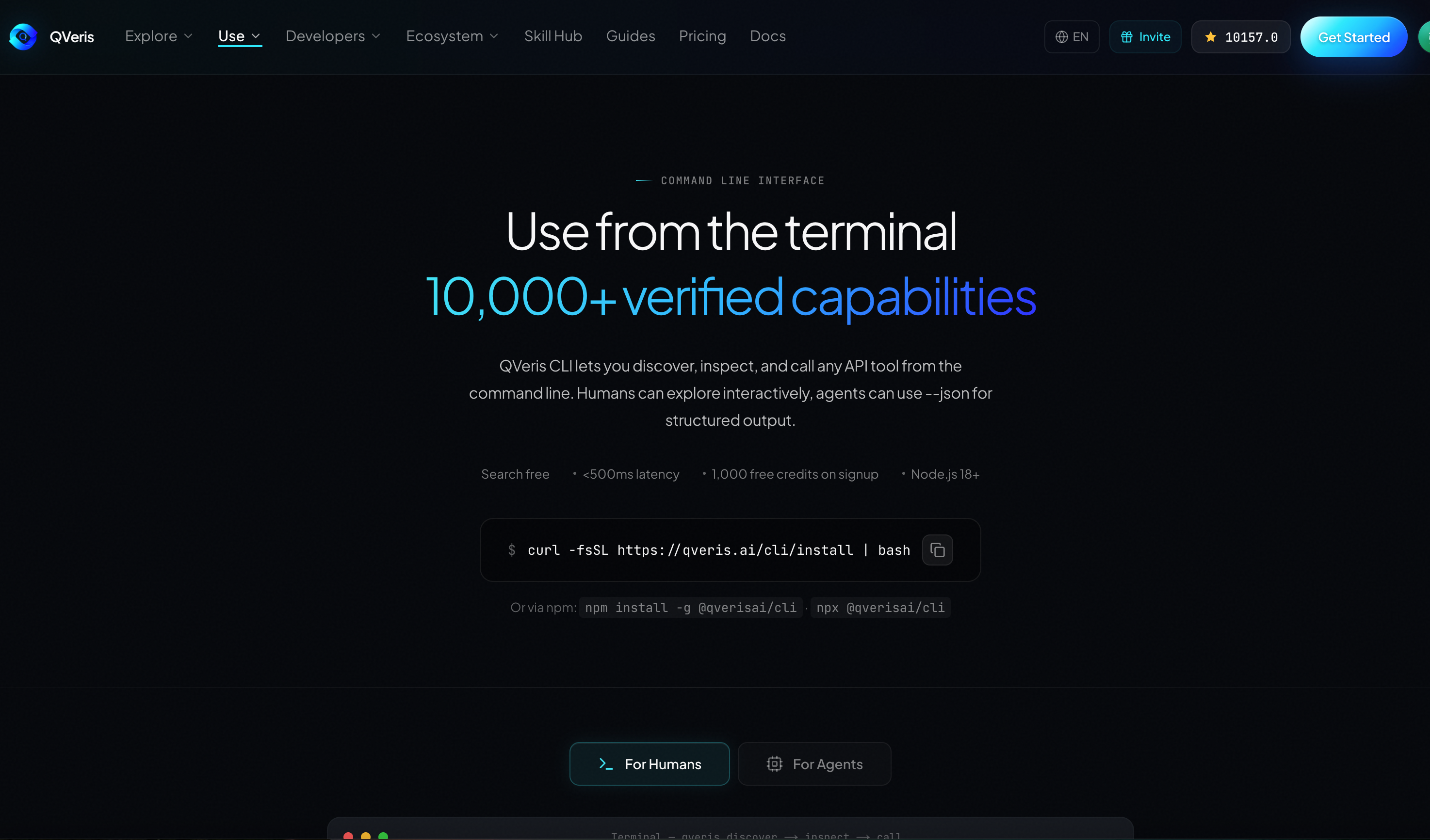 QVeris 官网 Use 页面,展示从终端使用 QVeris CLI,并强调可发现、检查和调用 10,000+ 验证功能。
