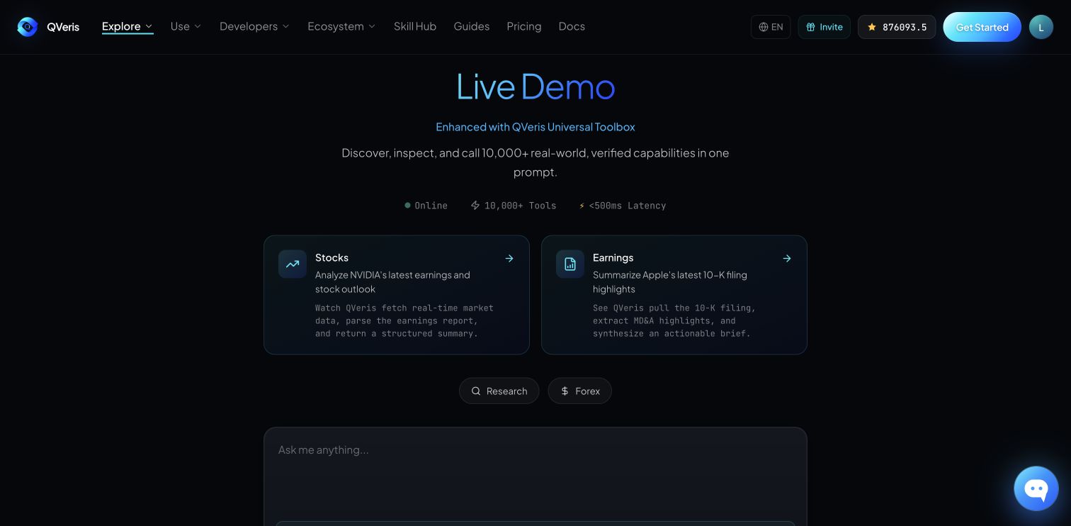 图片展示的是QVeris.ai Playground的Live Demo界面。界面顶部有导航栏,包括Explore、Use、Developers等选项。中间部分标题为“Live Demo”,下方文字介绍其可在一个提示中发现、检查并调用10,000+真实世界验证的能力。下方有“Stocks”和“Earnings”两个示例,分别涉及分析NVIDIA财报和总结苹果10-K报告要点等内容。底部有一个输入框,提示“Ask me anything...”,并有“Research”和“Forex”两个标签。该图片与上下文介绍的模型在面对需要外部信息问题时的Discover→Inspect→Call→Answer链路相呼应,展示了其功能。