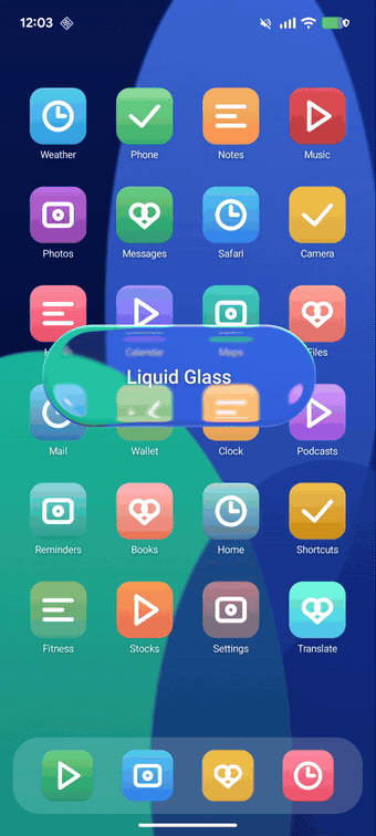 Liquid glass dragged across an iOS-style home screen