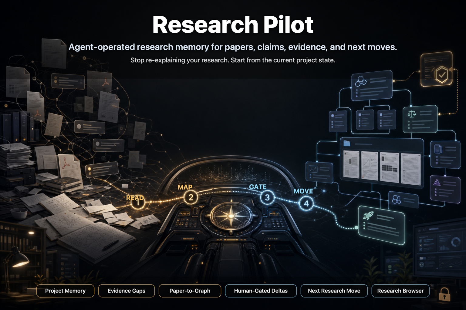 Research Pilot turns scattered papers, chats, claims, and experiments into agent-operated project memory with graph deltas and next research moves.